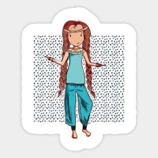Cute bohemian girl with super long brown braids and turquoise hippie clothing Sticker